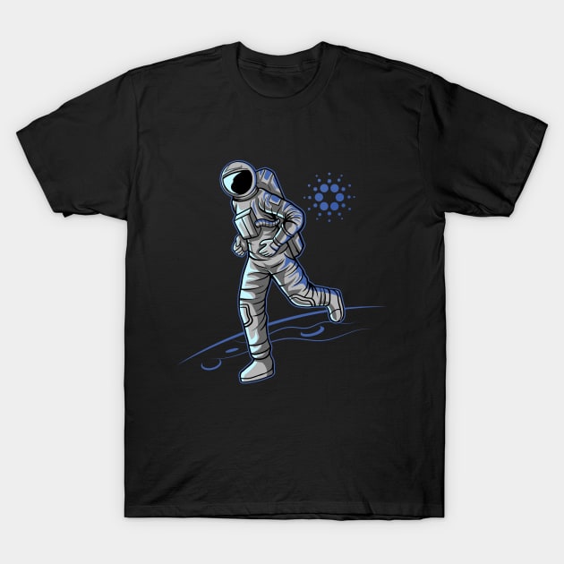 Cardano ADA Logo to the Moon Crypto Astronaut T-Shirt by Kogarashi